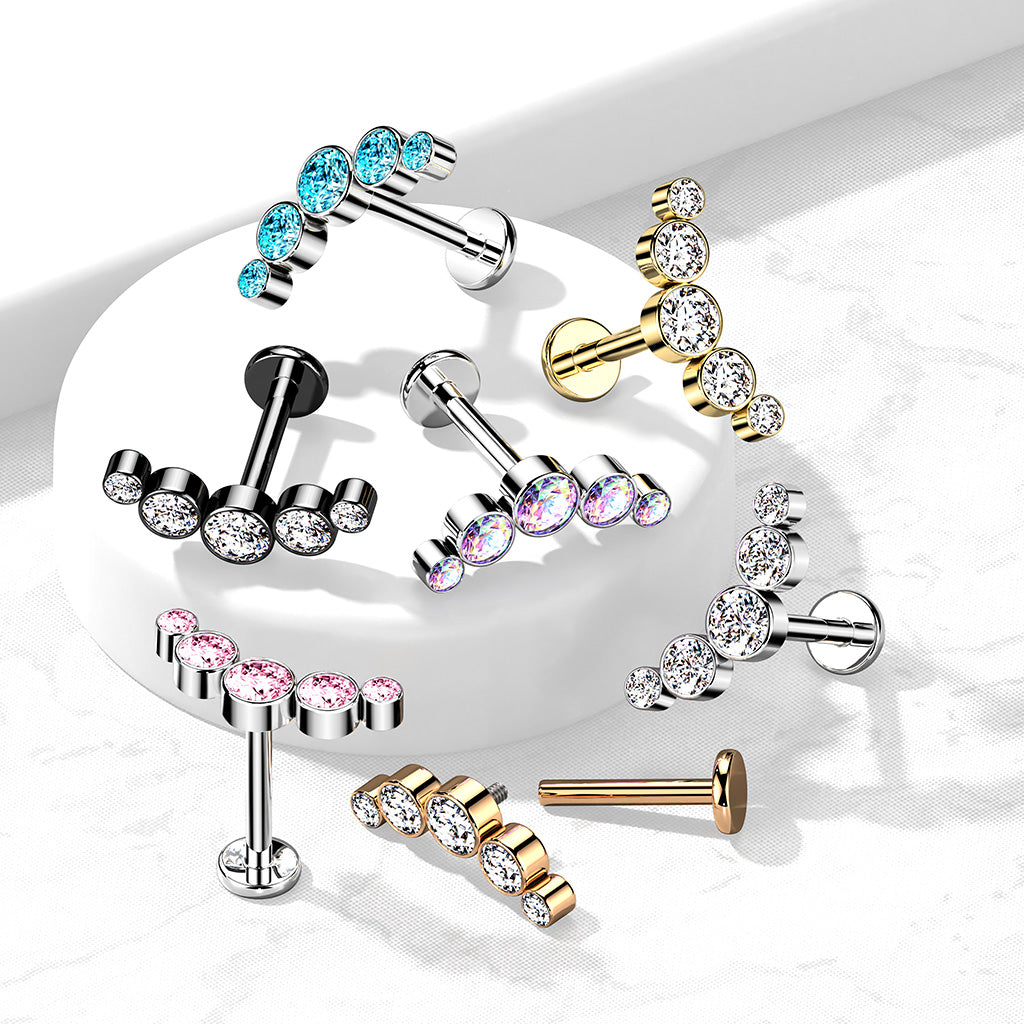 1pc Five CZ Gem Curve 16g Labret Internally Threaded Steel Monroe Tragus Helix