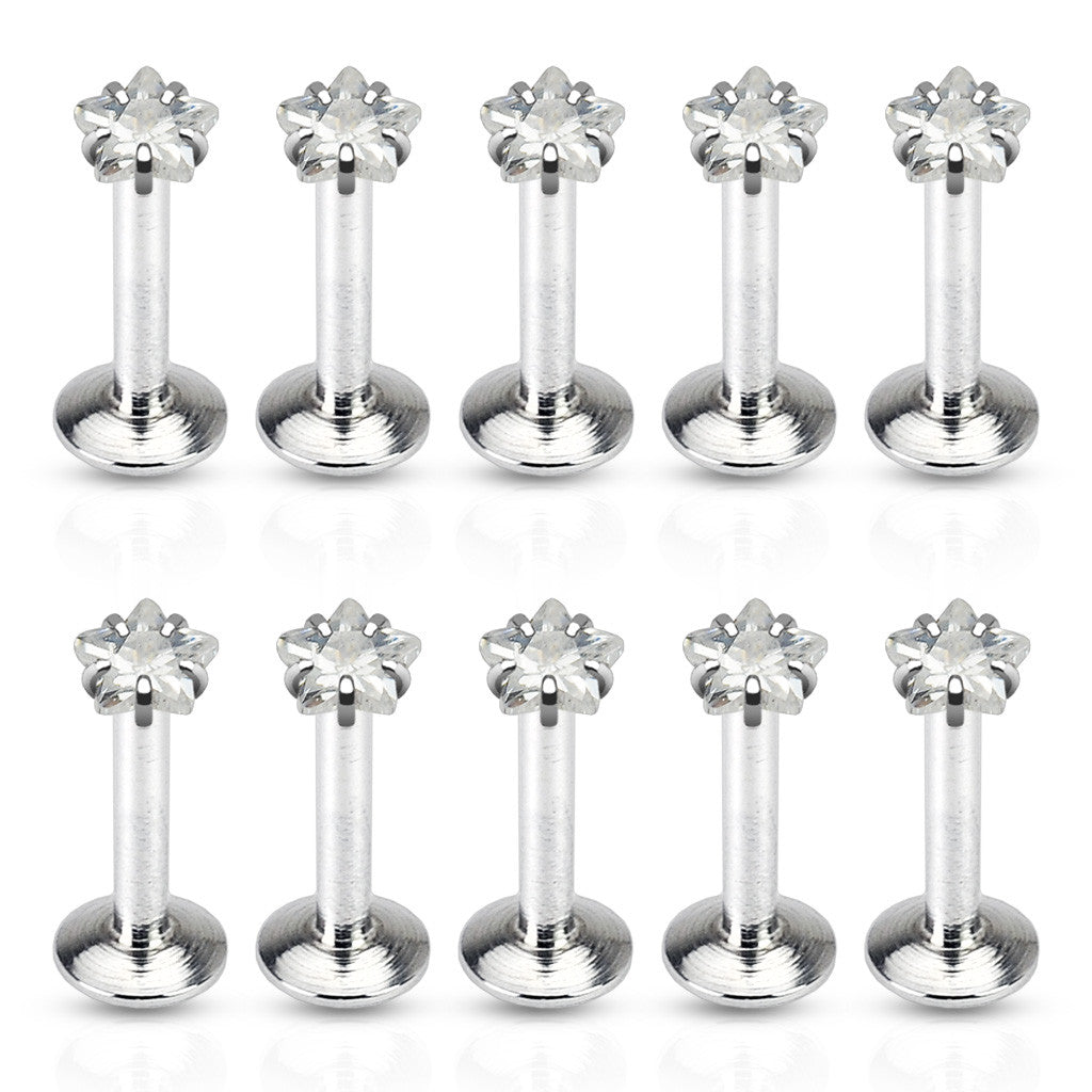 10pcs Clear Prong Set Star CZ Gem 16g Internally Threaded Labrets