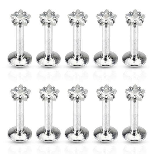 10pcs Clear Prong Set Star CZ Gem 16g Internally Threaded Labrets