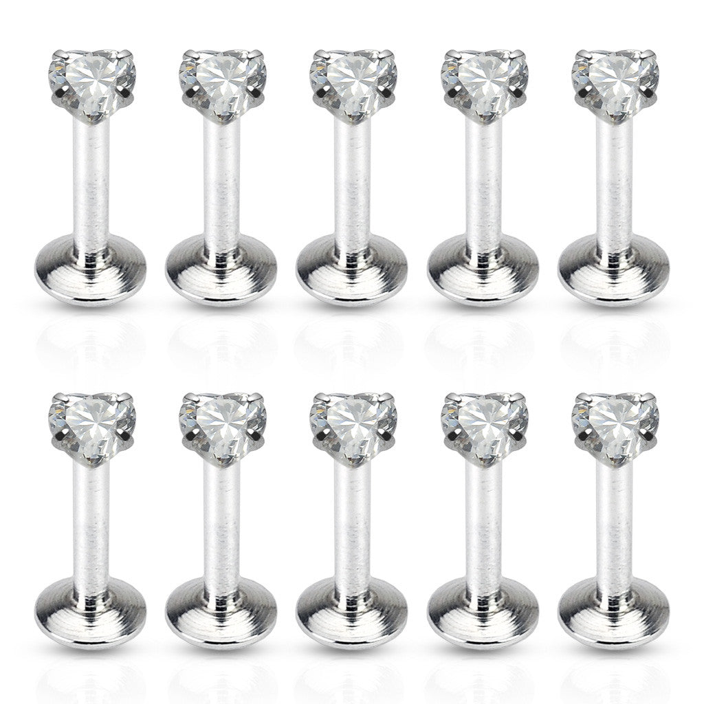 10pcs Clear Prong Set Heart CZ Gem 16g Internally Threaded Labrets