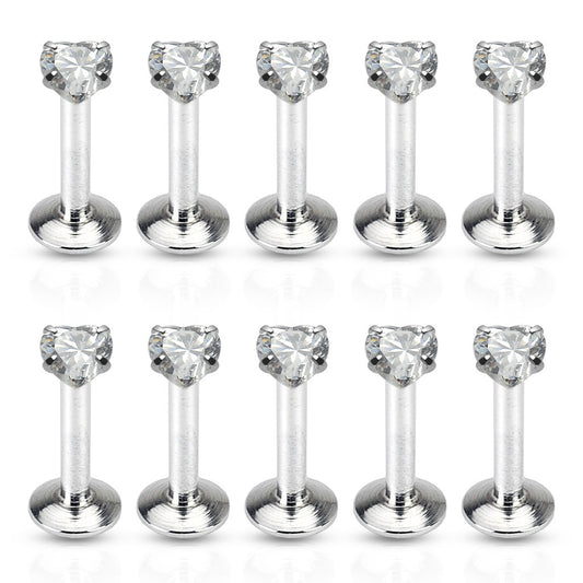 10pcs Clear Prong Set Heart CZ Gem 16g Internally Threaded Labrets