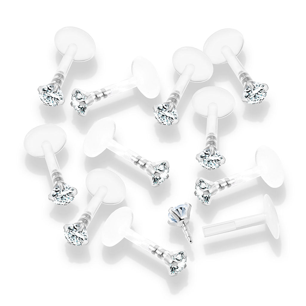 10pc Round CZ Gem Bioflex Labrets 16g Bio-flex Monroes Wholesale Body Jewelry