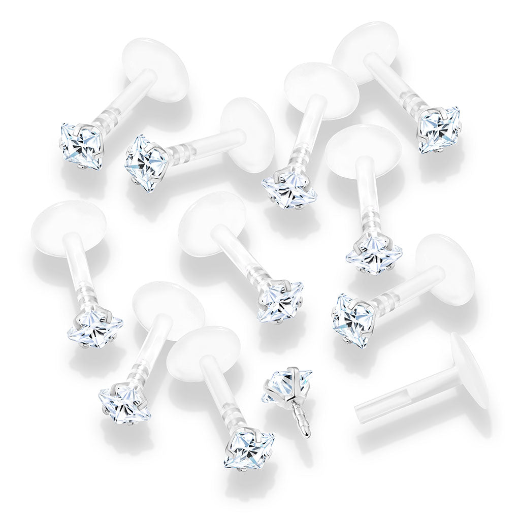 10pc Square CZ Gem Bioflex Labrets 16g Bio-flex Monroes Wholesale Body Jewelry