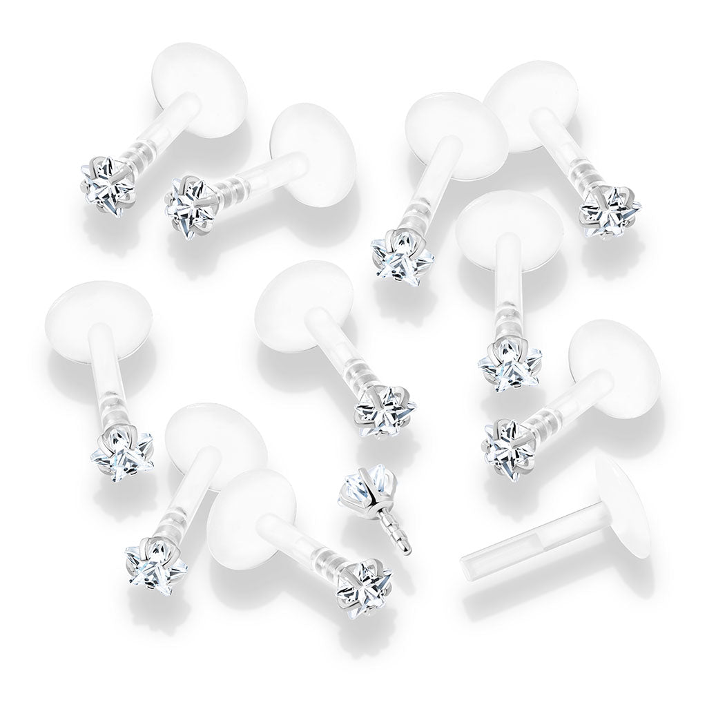 10pc Star CZ Gem Bioflex Labrets 16g Bio-flex Monroes Wholesale Body Jewelry