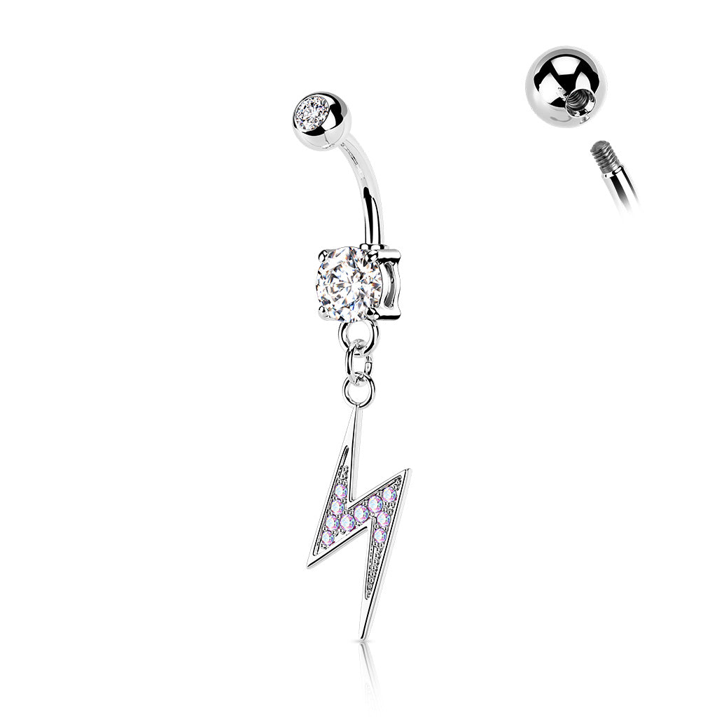 1pc CZ Gem Paved Lightning Bolt Surgical Steel Belly Ring Navel Naval