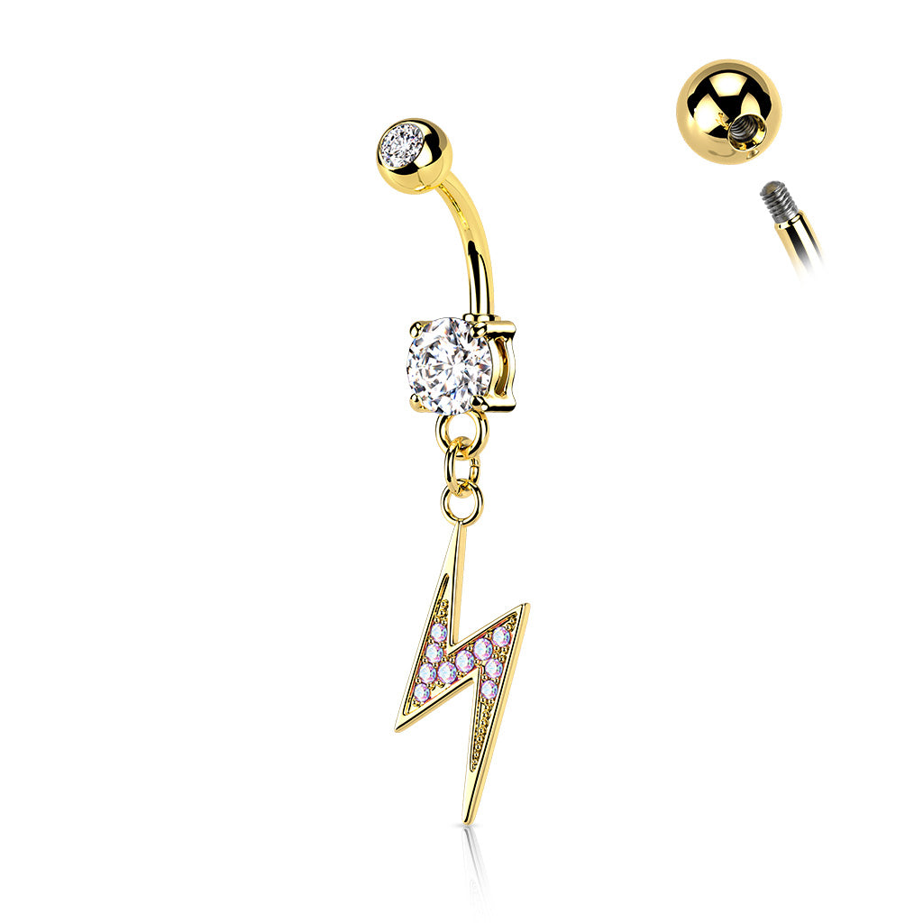 1pc CZ Gem Paved Lightning Bolt Surgical Steel Belly Ring Navel Naval