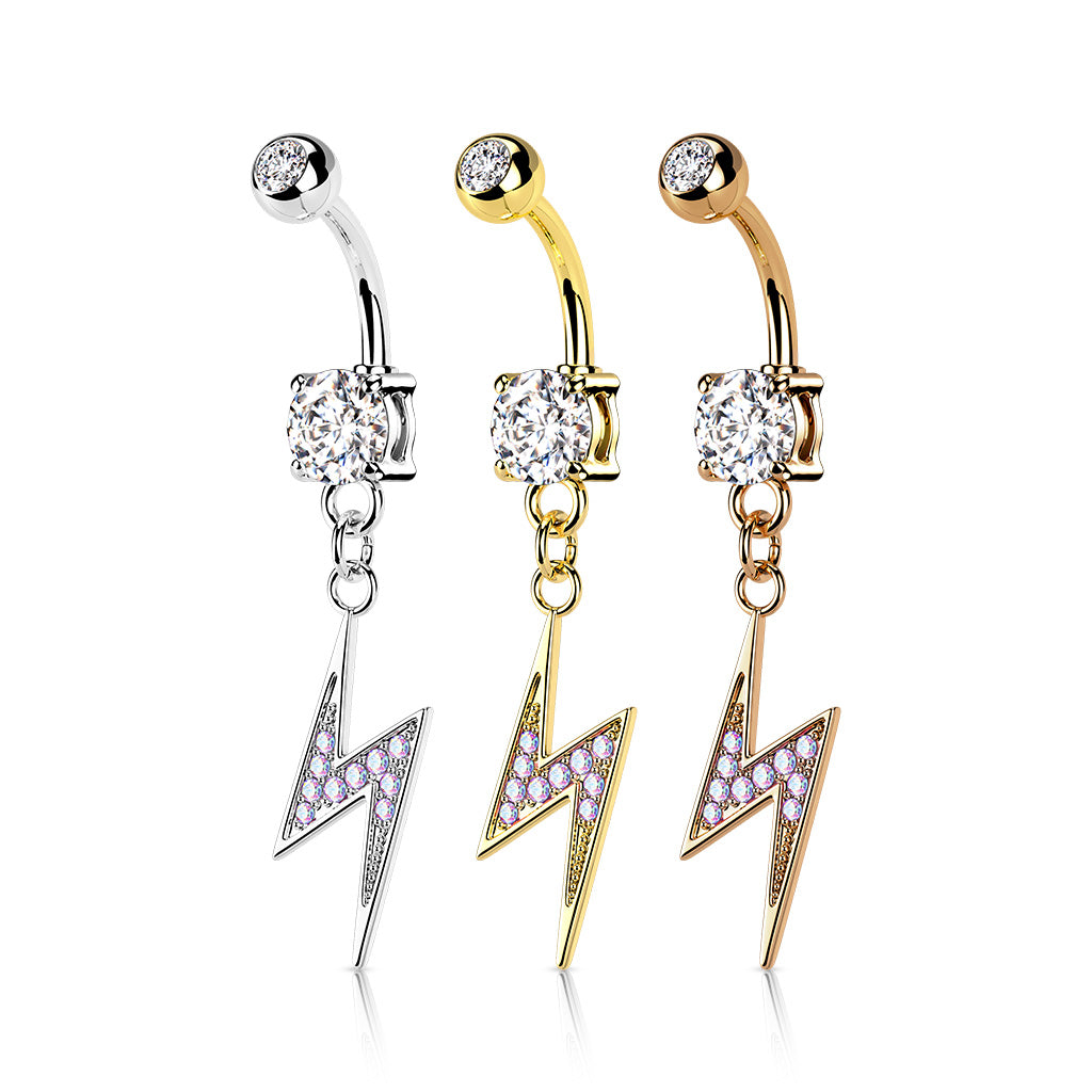 1pc CZ Gem Paved Lightning Bolt Surgical Steel Belly Ring Navel Naval