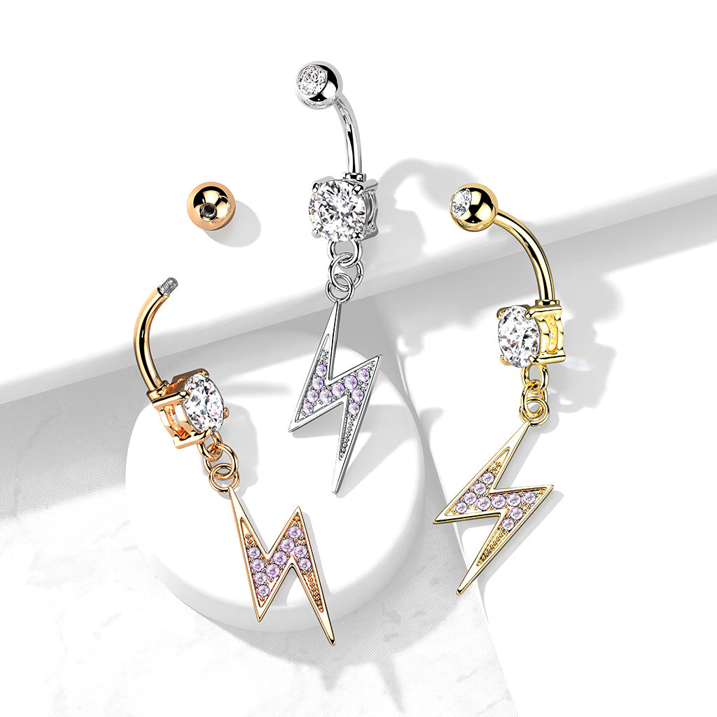 1pc CZ Gem Paved Lightning Bolt Surgical Steel Belly Ring Navel Naval