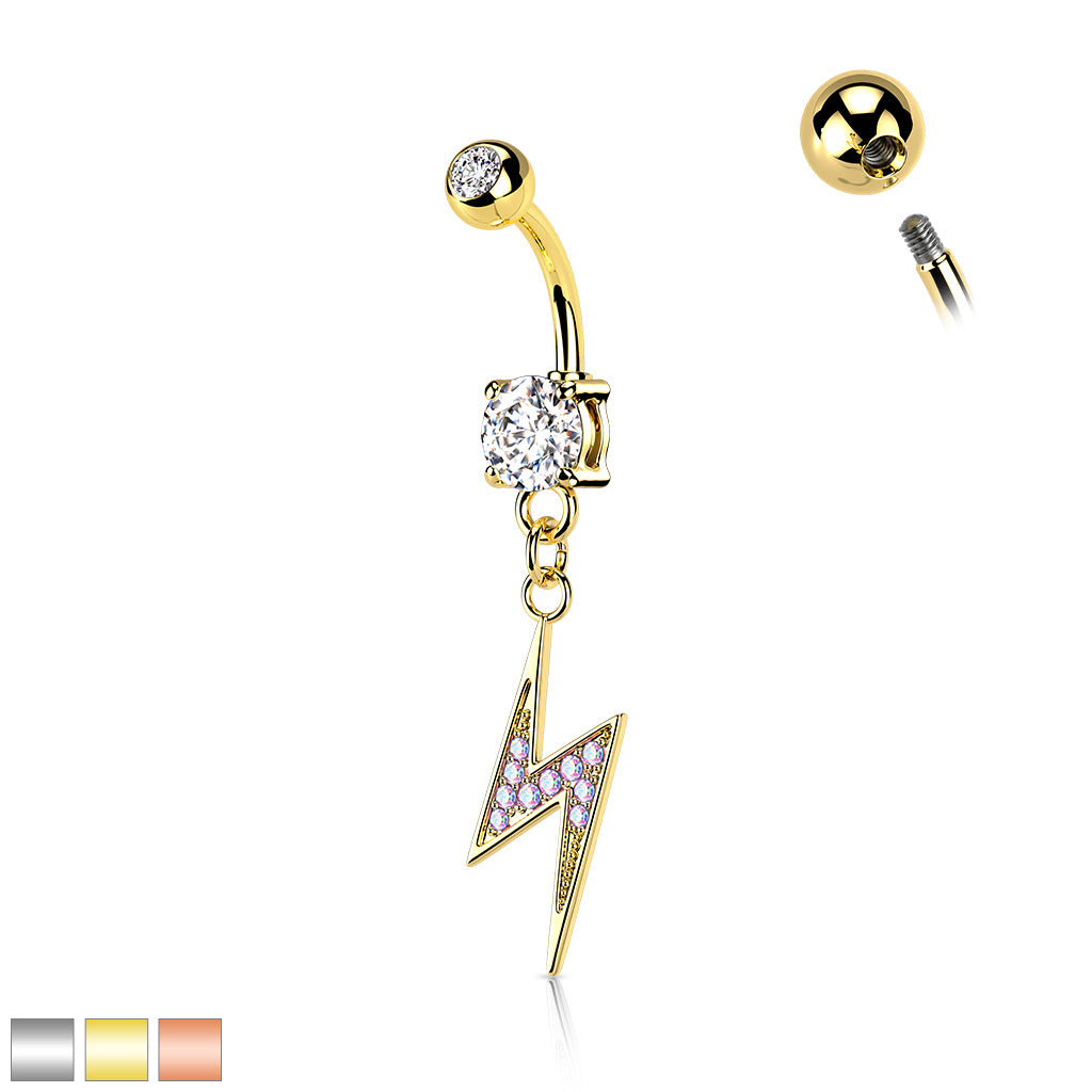 1pc CZ Gem Paved Lightning Bolt Surgical Steel Belly Ring Navel Naval