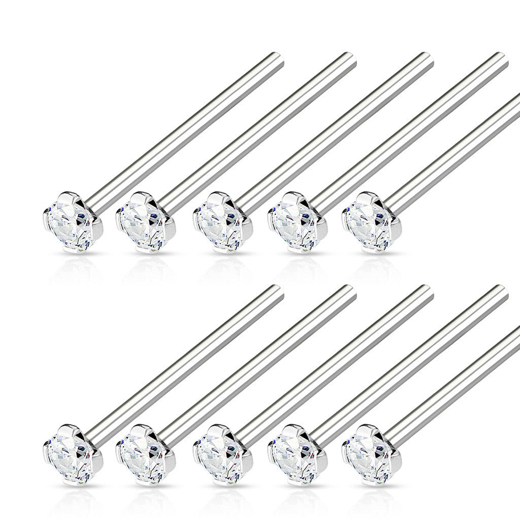 10pcs LONG 3/4" Fishtail Prong Set Clear Gem Nose Rings