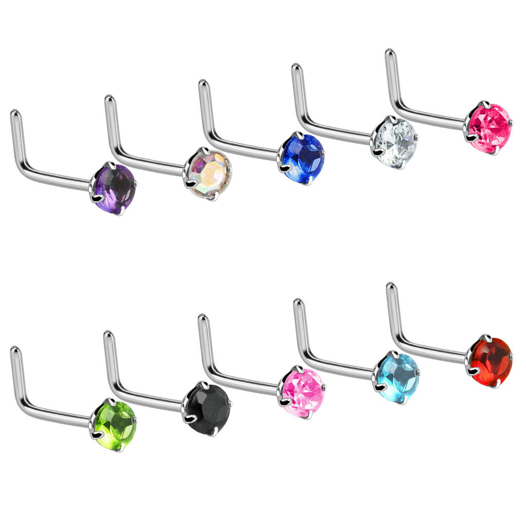 10pc L-Bend Prong Set Gem Nose Rings
