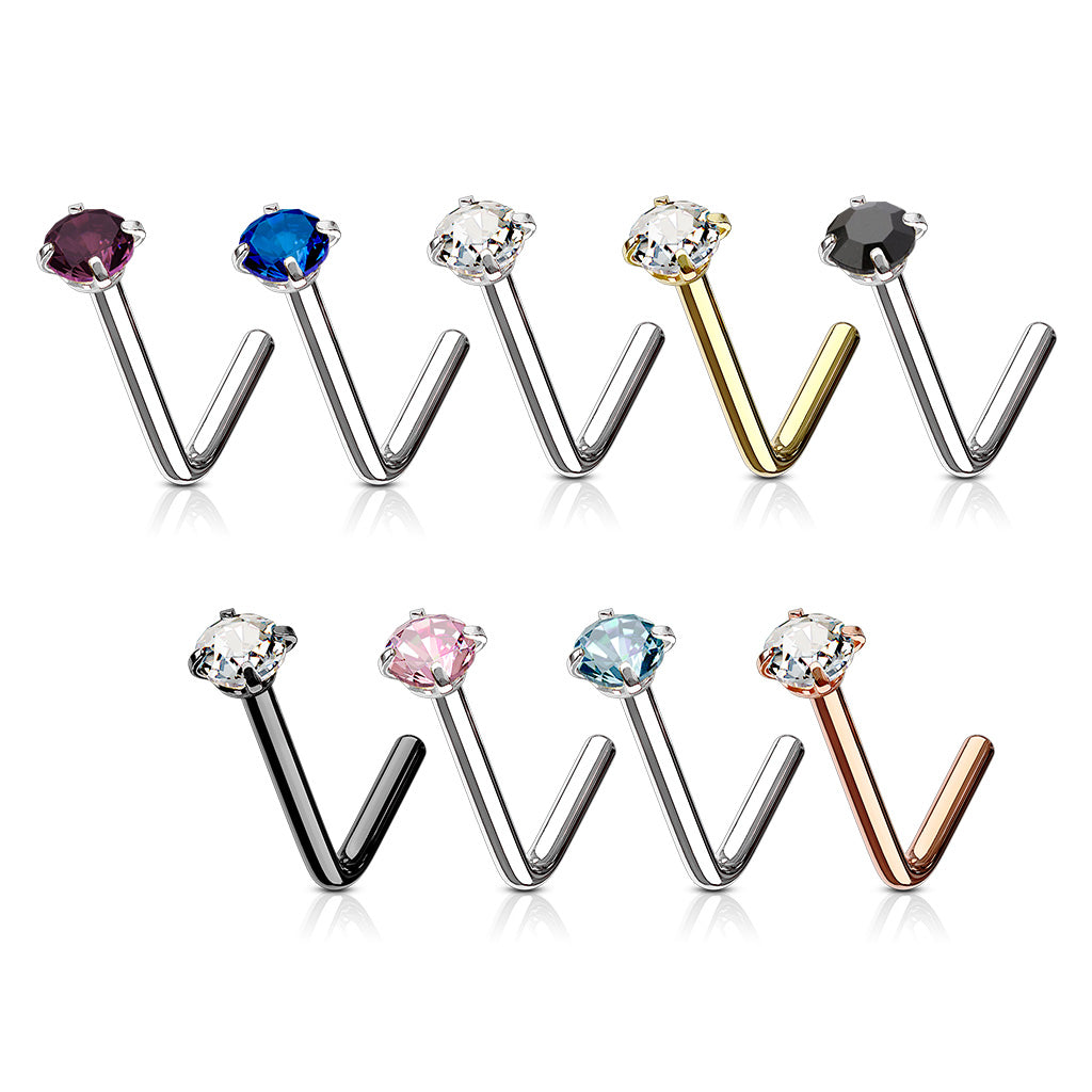 9pc L-Bend Prong Set Round Gem Nose Rings