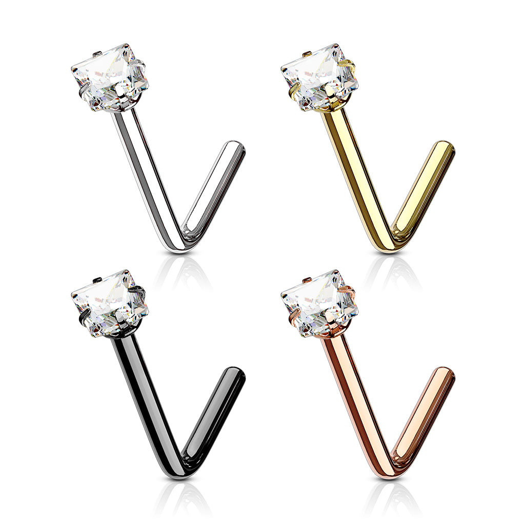 4pc L-Bend Prong Set Square Gem Nose Rings