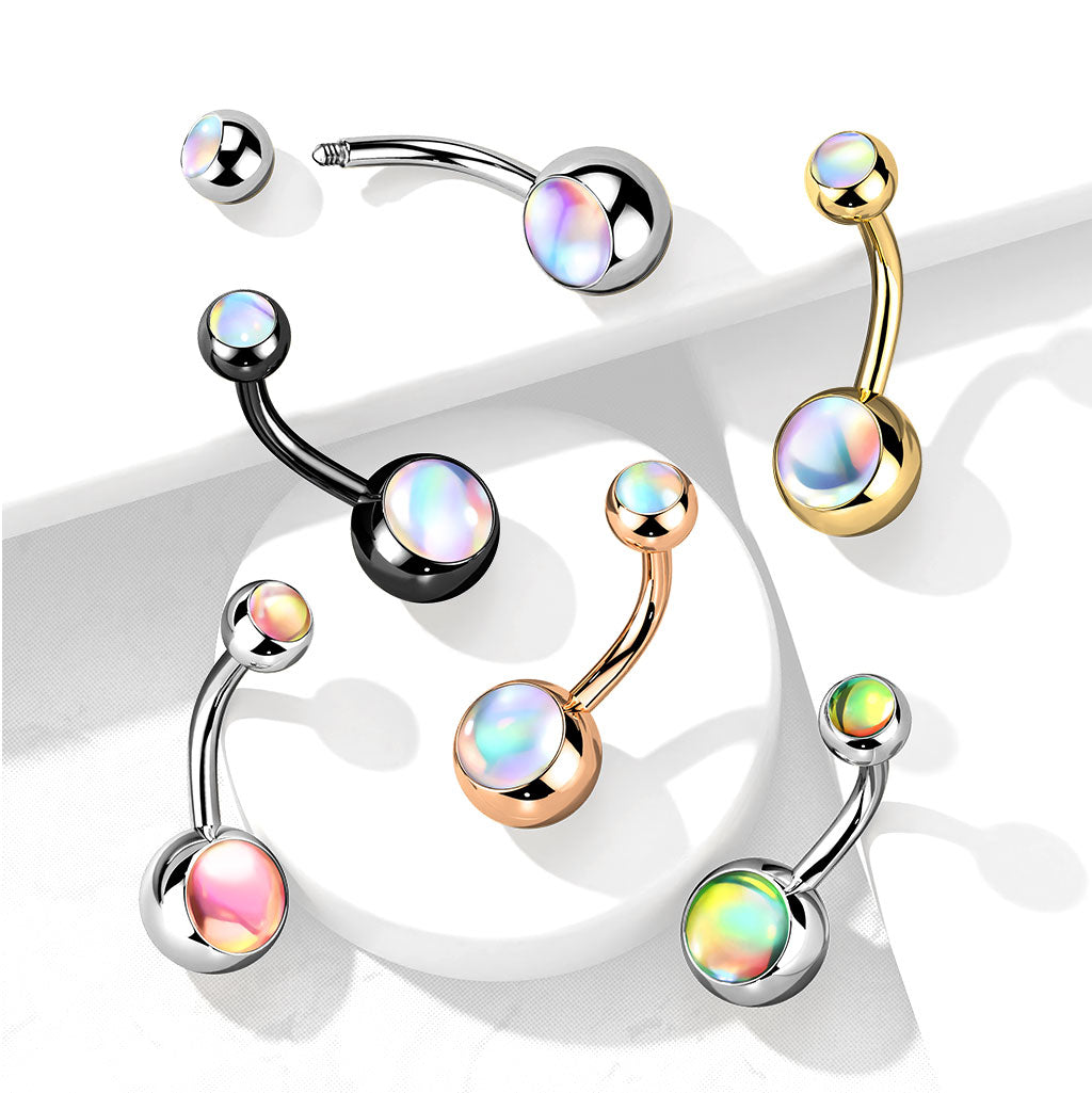 1pc Double Iridescent Stone Surgical Steel Belly Ring Pierced Navel Naval