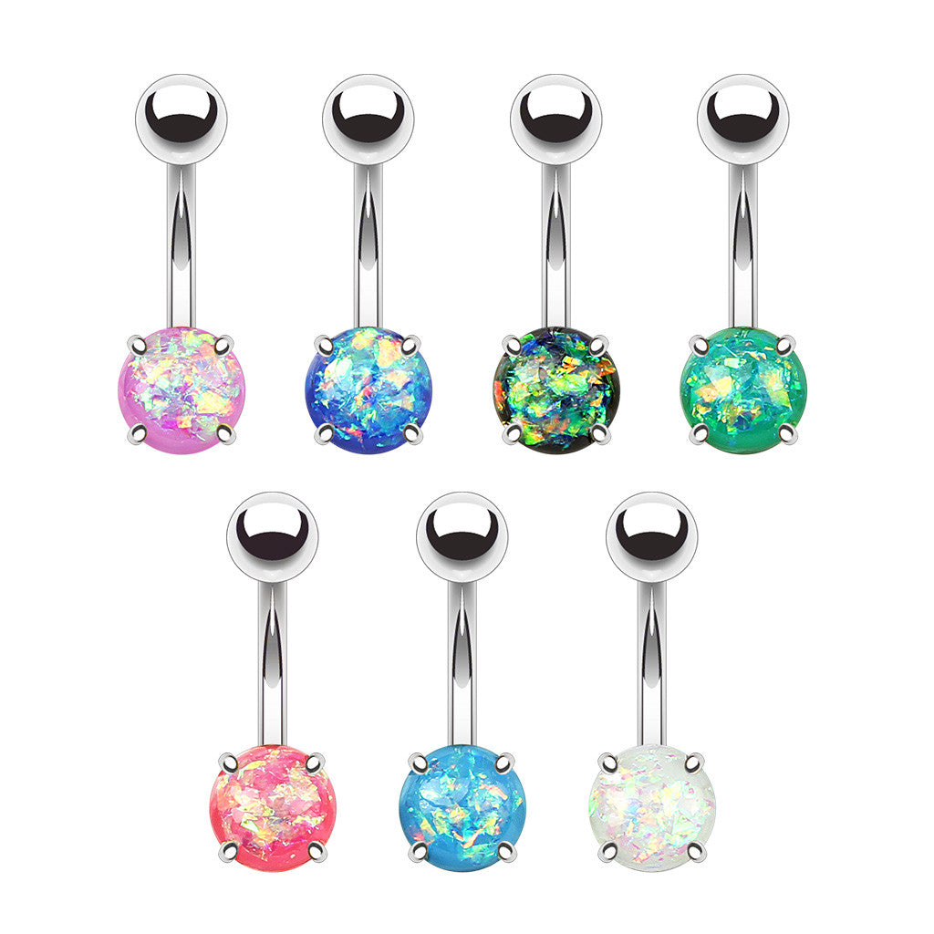 7pcs Opal Glitter Prong Set Belly Rings Steel