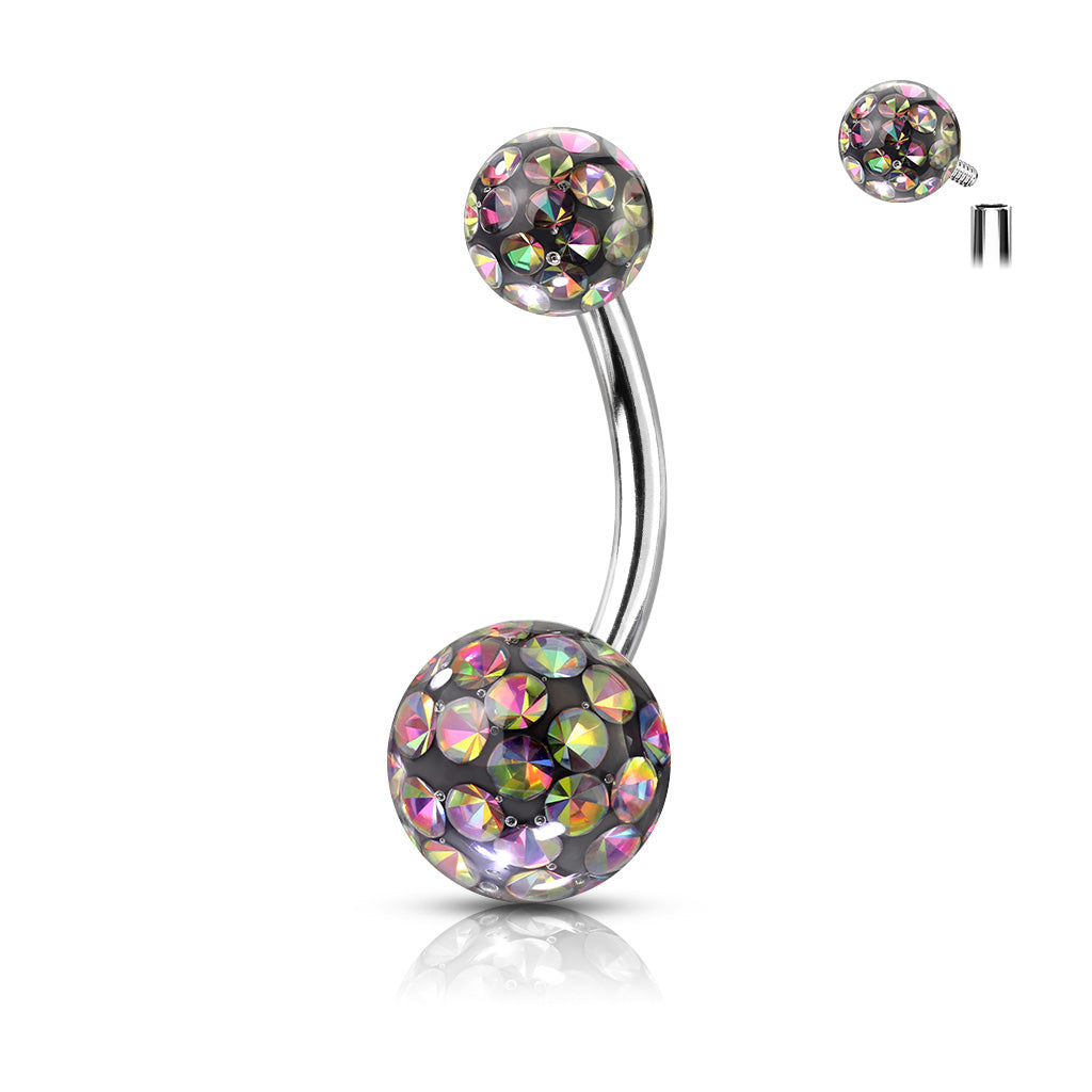 1pc Epoxy Coated Crystal Paved Balls Belly Ring Naval Navel Internally Threaded
