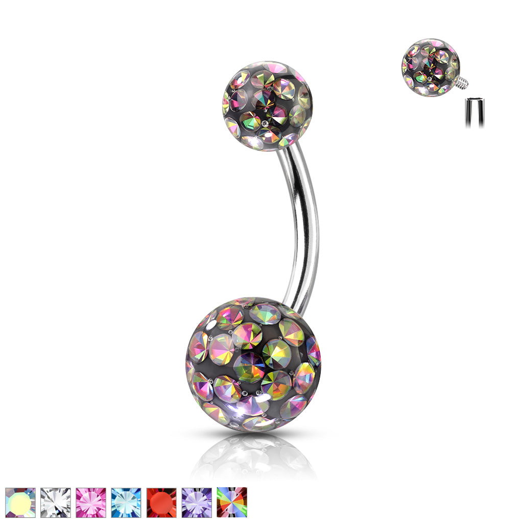 1pc Epoxy Coated Crystal Paved Balls Belly Ring Naval Navel Internally Threaded
