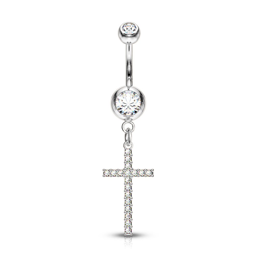 1pc Crystal Gem Paved Cross Belly Ring Navel Naval 316L Surgical Steel