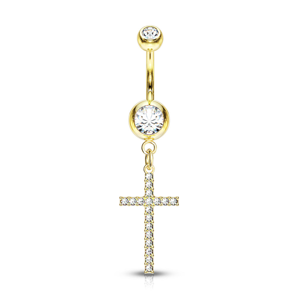 1pc Crystal Gem Paved Cross Belly Ring Navel Naval 316L Surgical Steel