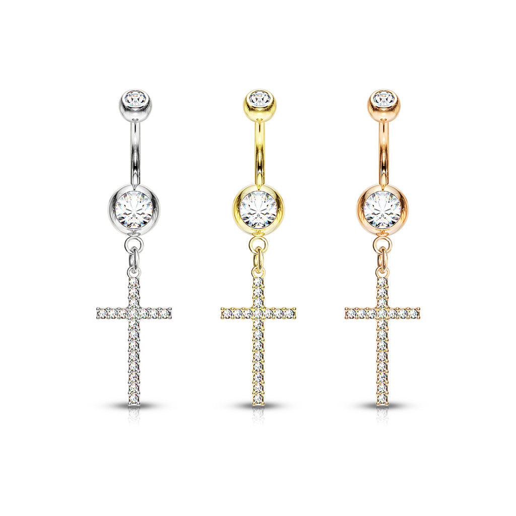 1pc Crystal Gem Paved Cross Belly Ring Navel Naval 316L Surgical Steel