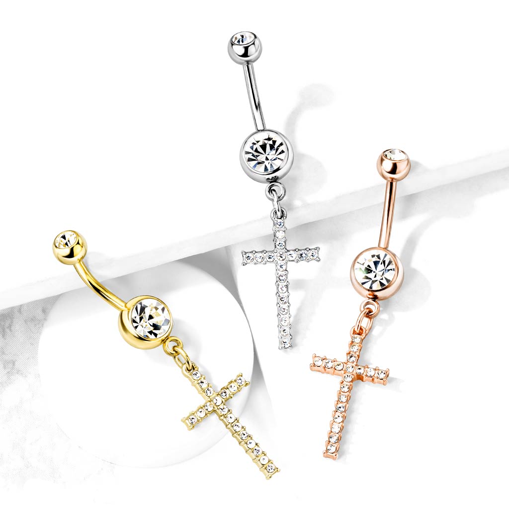 1pc Crystal Gem Paved Cross Belly Ring Navel Naval 316L Surgical Steel