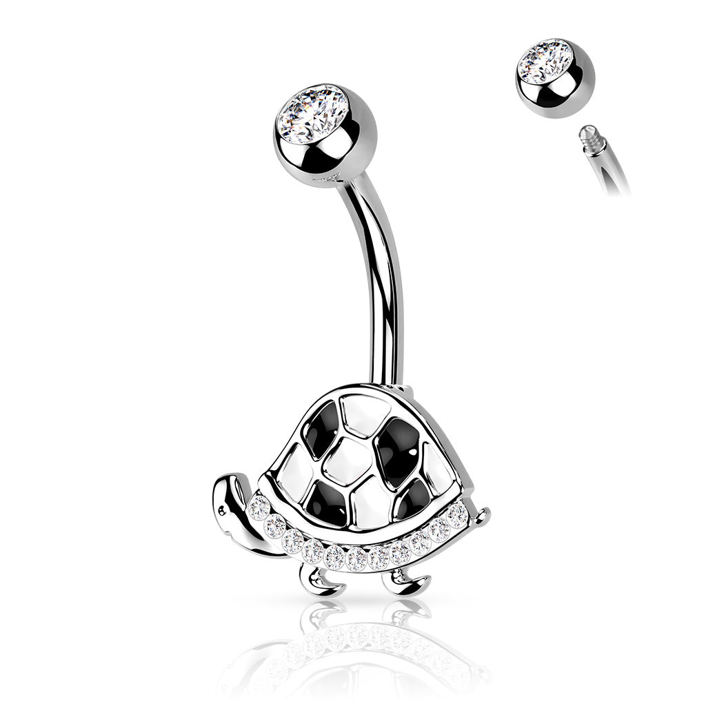 Enamel Turtle Belly Ring CZ Gem Pierced Navel Animal 316L Stainless Steel 14g