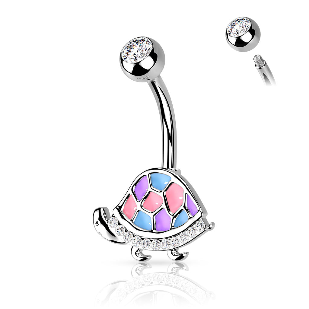 Enamel Turtle Belly Ring CZ Gem Pierced Navel Animal 316L Stainless Steel 14g