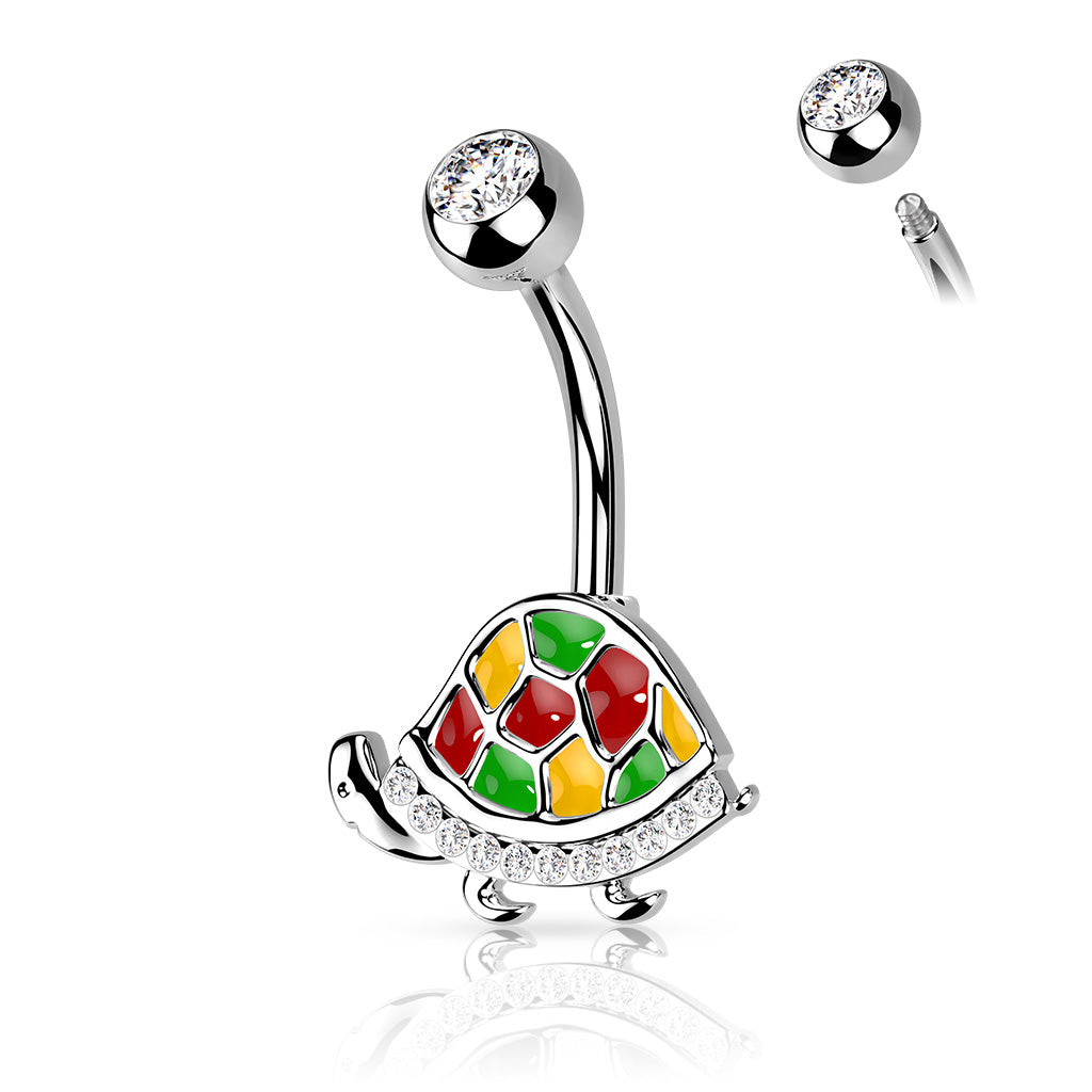 Enamel Turtle Belly Ring CZ Gem Pierced Navel Animal 316L Stainless Steel 14g