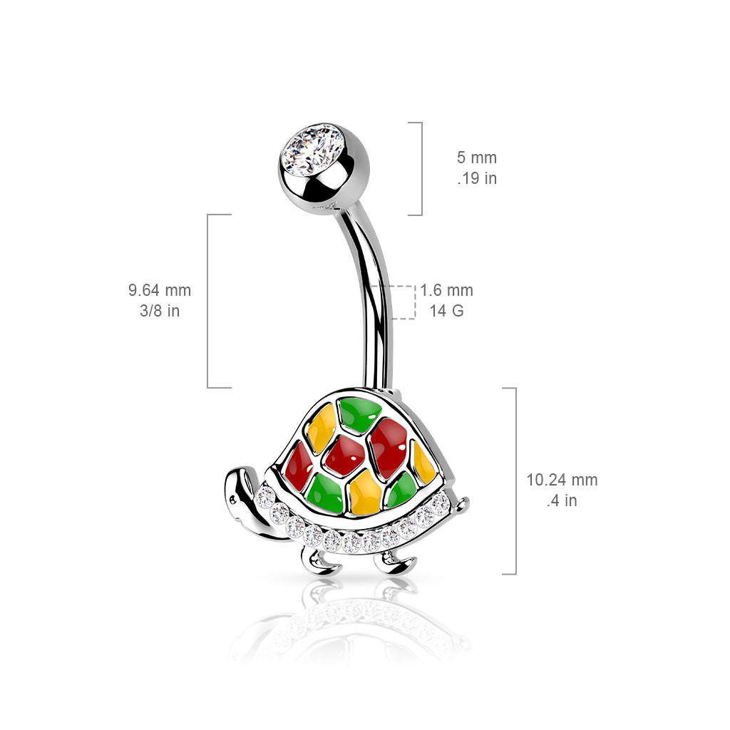 Enamel Turtle Belly Ring CZ Gem Pierced Navel Animal 316L Stainless Steel 14g