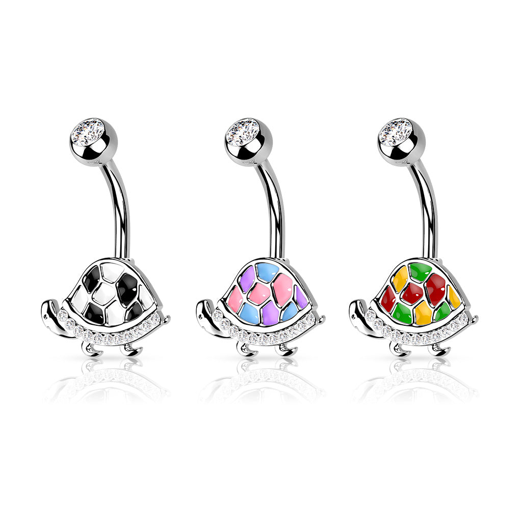 Enamel Turtle Belly Ring CZ Gem Pierced Navel Animal 316L Stainless Steel 14g