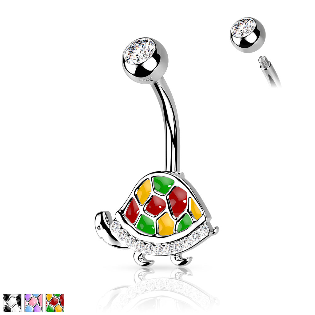 Enamel Turtle Belly Ring CZ Gem Pierced Navel Animal 316L Stainless Steel 14g