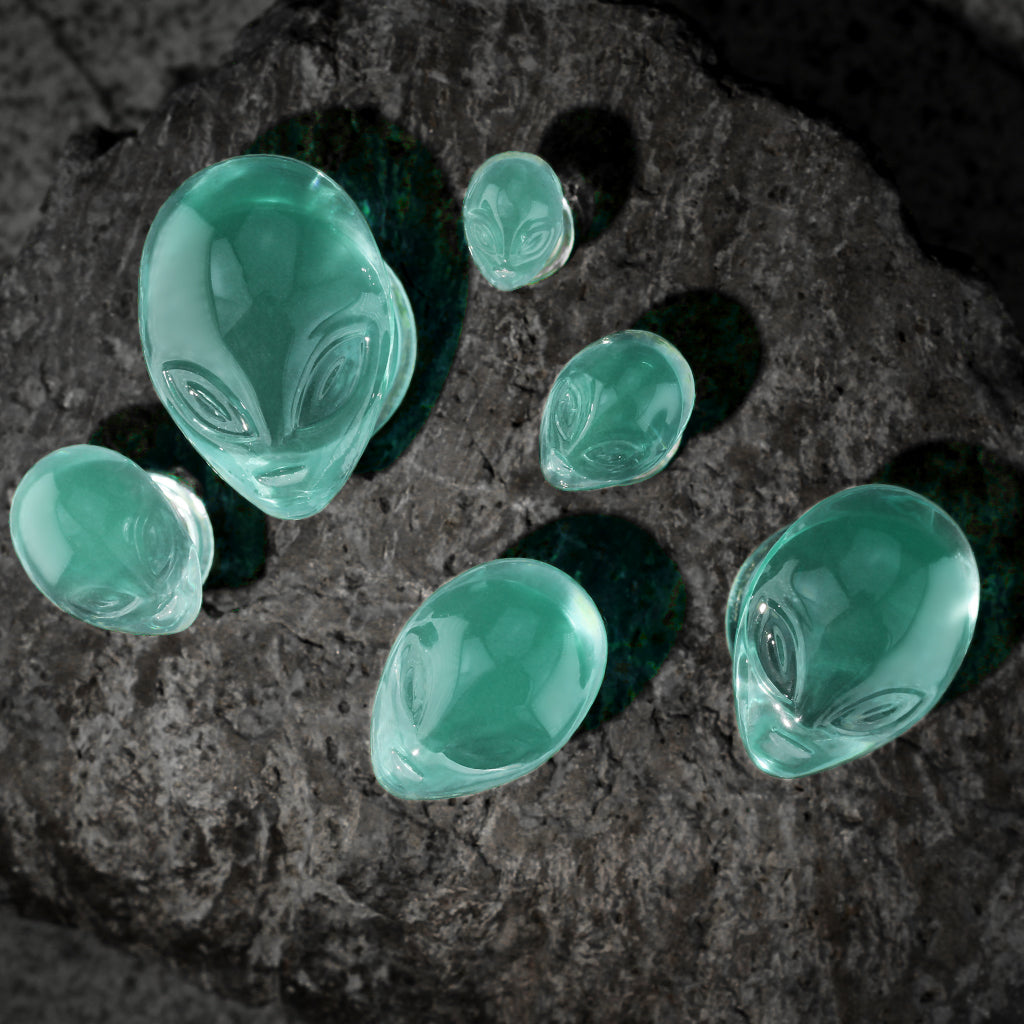 PAIR of Green Alien Face / Head Pyrex Glass Double Flare Plugs