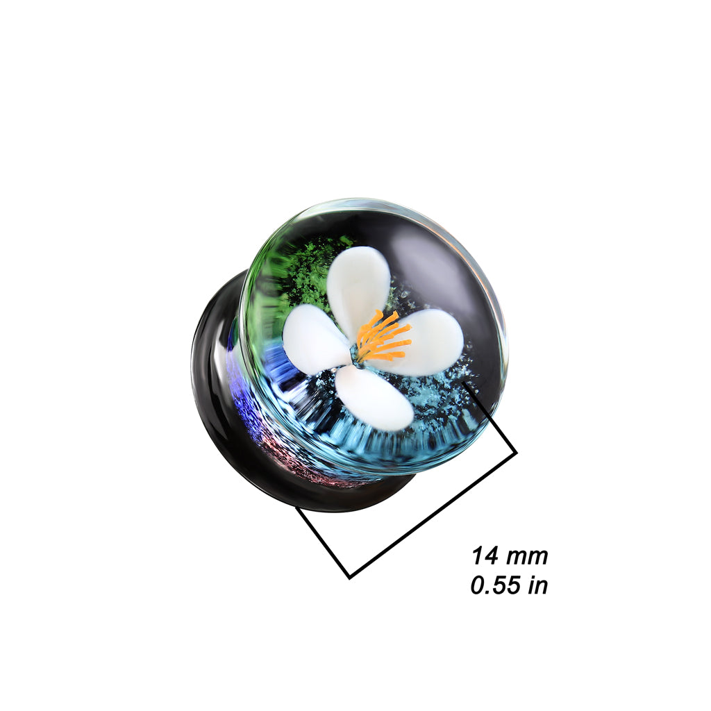 PAIR Floating White Flower Pyrex Glass Double Flare Plugs Gauges Body Jewelry