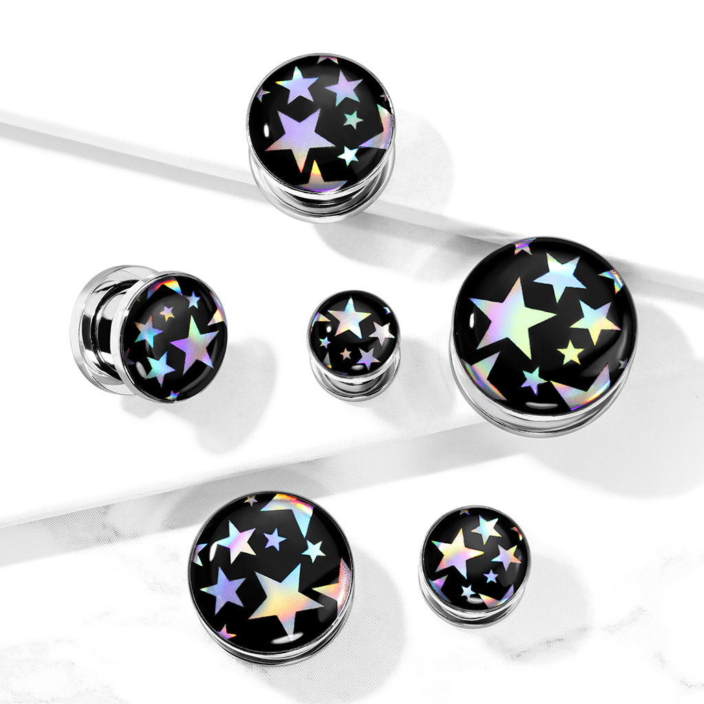 PAIR Hologram Stars Screw Fit Tunnels Ear Plugs Gauges Earlets Body Jewelry
