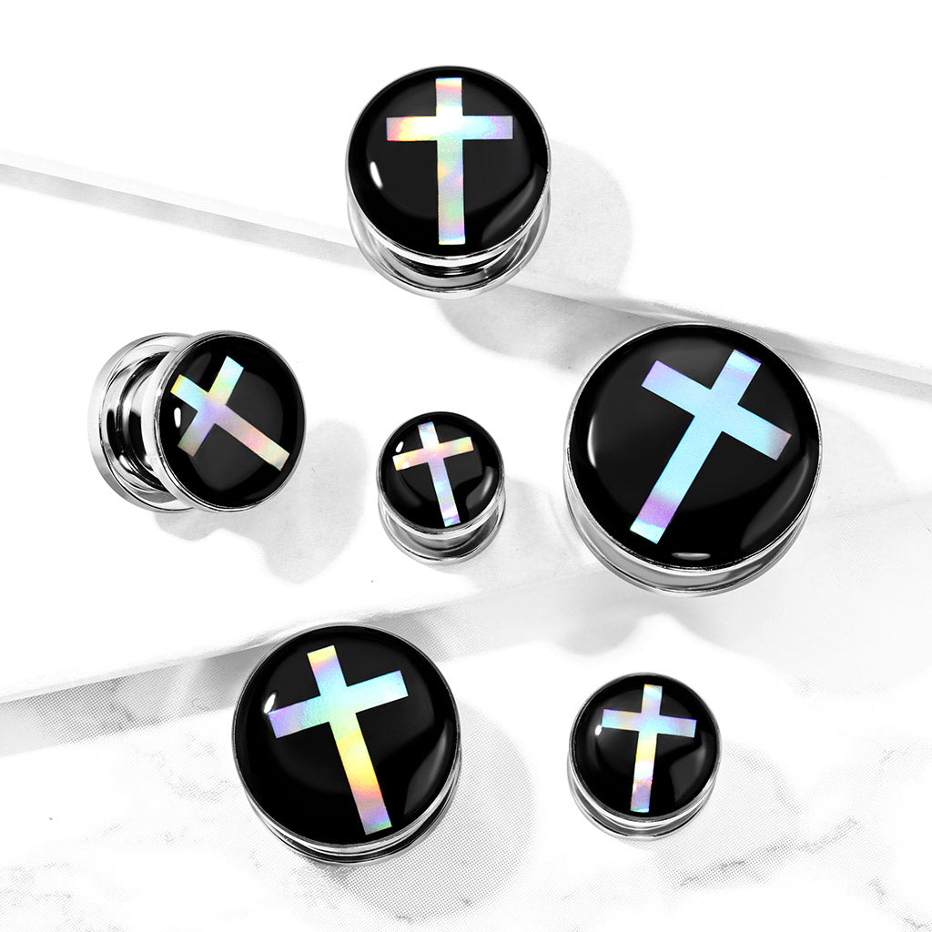 PAIR Hologram Cross Screw Fit Tunnels Ear Plugs Gauges Earlets Body Jewelry