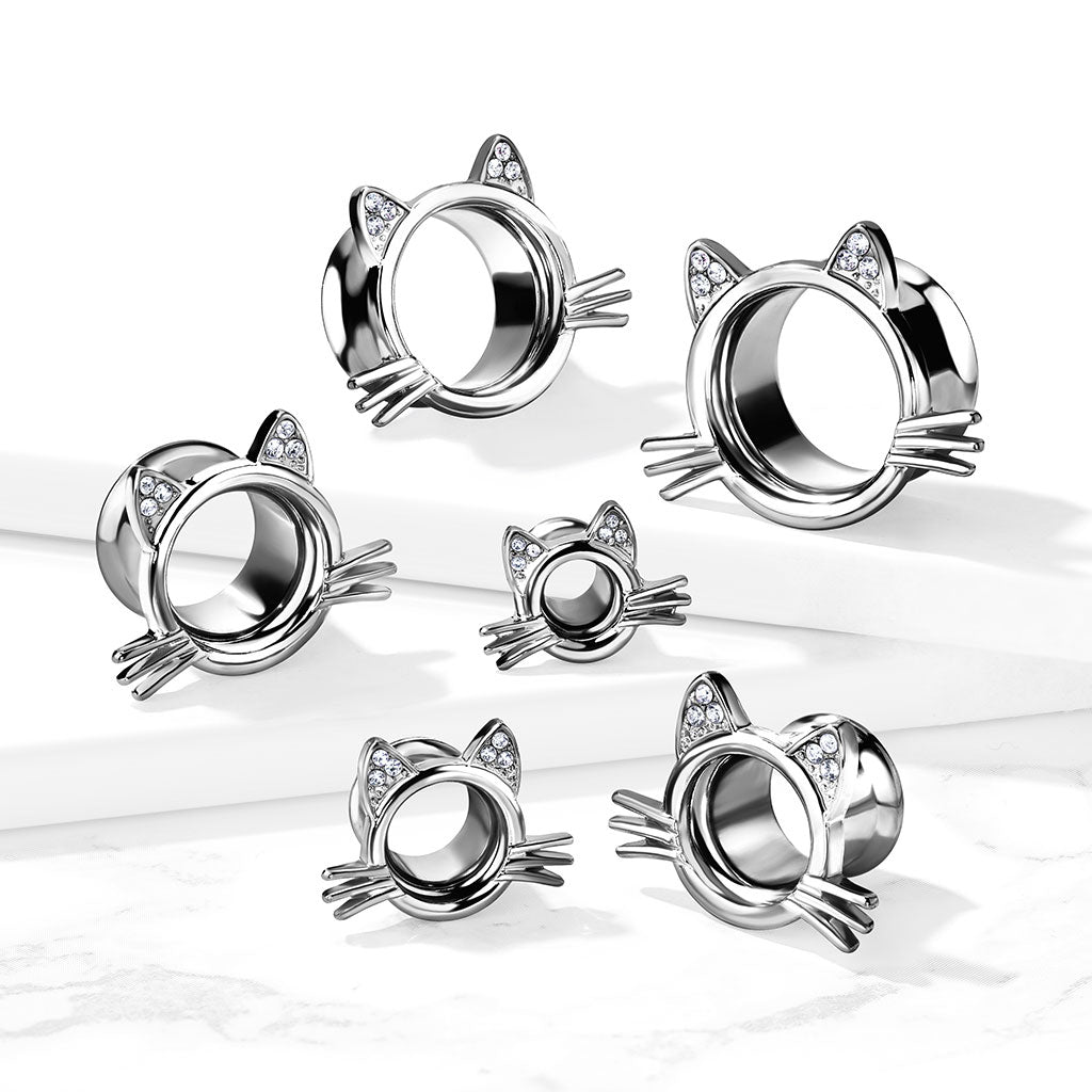 PAIR Gem Ears Kitty Cat Steel Double Flare Tunnels Ear Plugs Feline Gauges