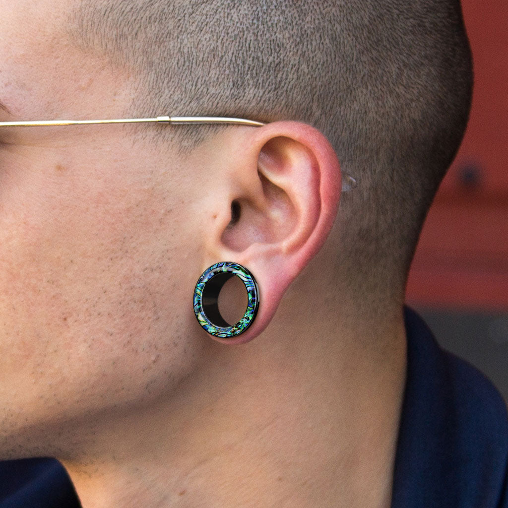 PAIR Abalone Rimmed Black Screw Fit Tunnels Earlets Gauges Plugs Body Jewelry