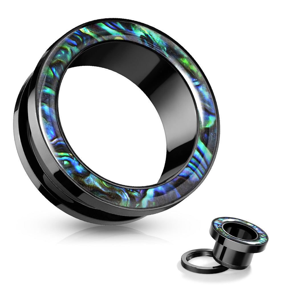 PAIR Abalone Rimmed Black Screw Fit Tunnels Earlets Gauges Plugs Body Jewelry