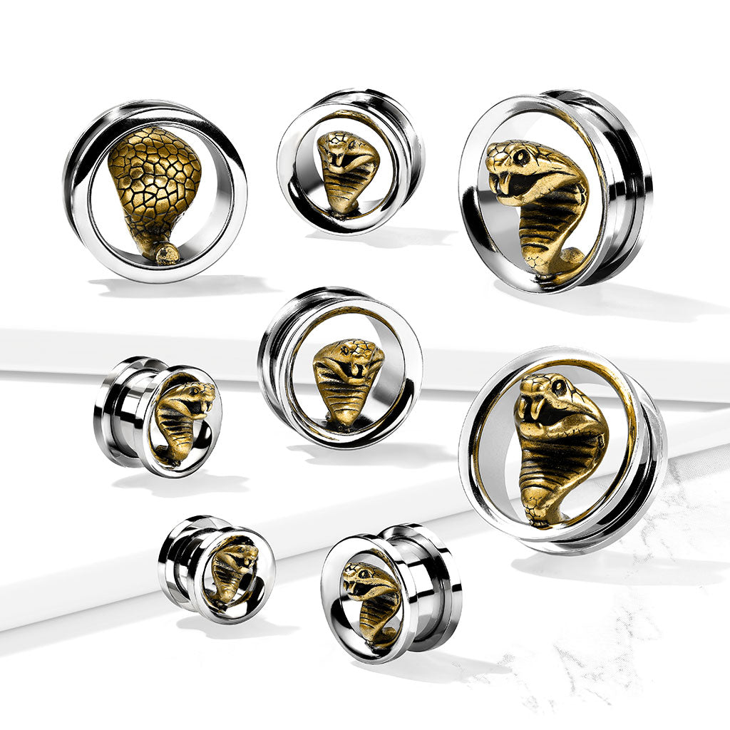 PAIR Gold Cobra Screw Fit Tunnels Earlets Gauges Plugs Body Jewelry