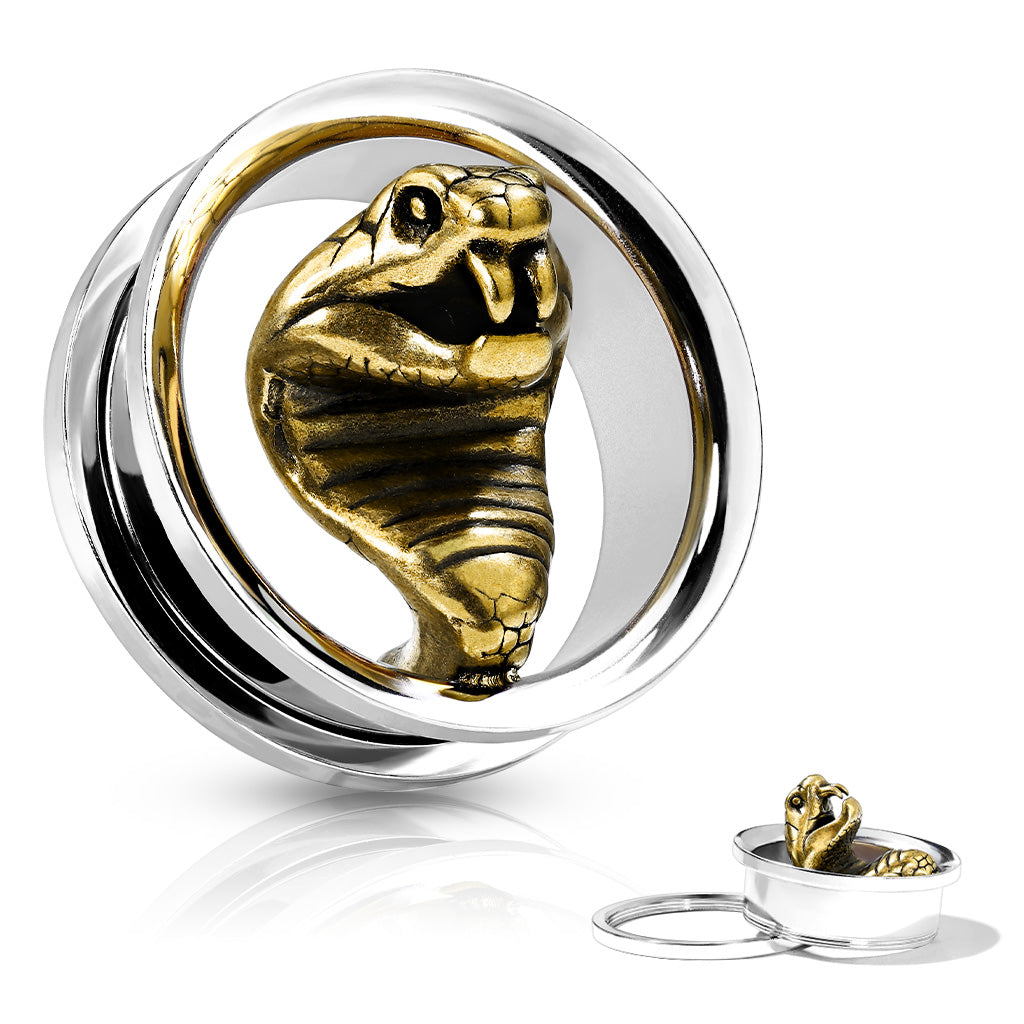 PAIR Gold Cobra Screw Fit Tunnels Earlets Gauges Plugs Body Jewelry