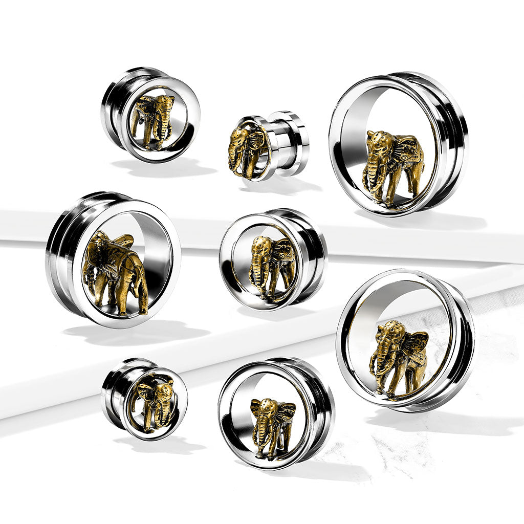 PAIR Gold Elephant Screw Fit Tunnels Earlets Gauges Plugs Body Jewelry