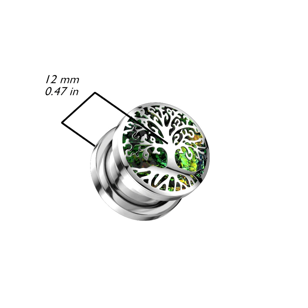 PAIR Green Opal Glitter Tree of Life Screw Fit Tunnels Ear Plugs Earlet Gauges