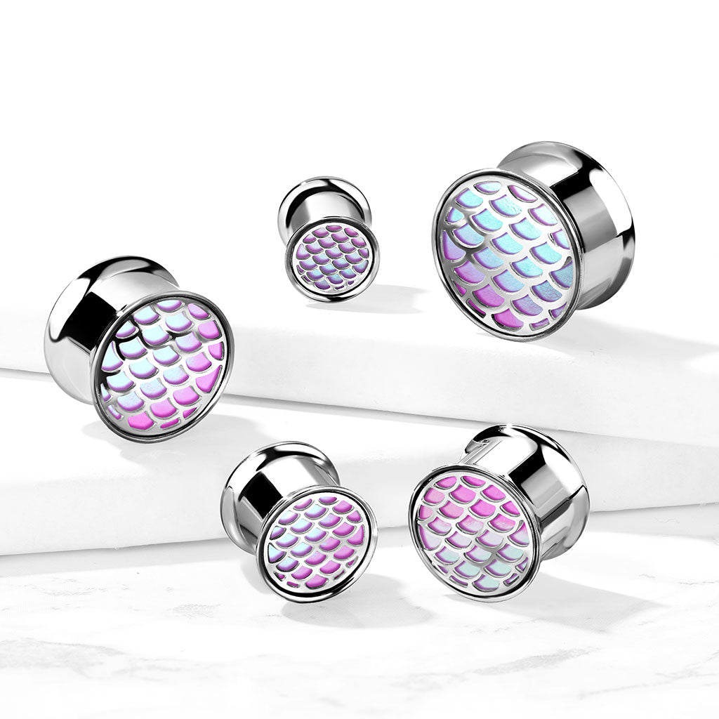 PAIR Hologram Fish Scale Steel Double Flare Tunnels Ear Plugs Gauges