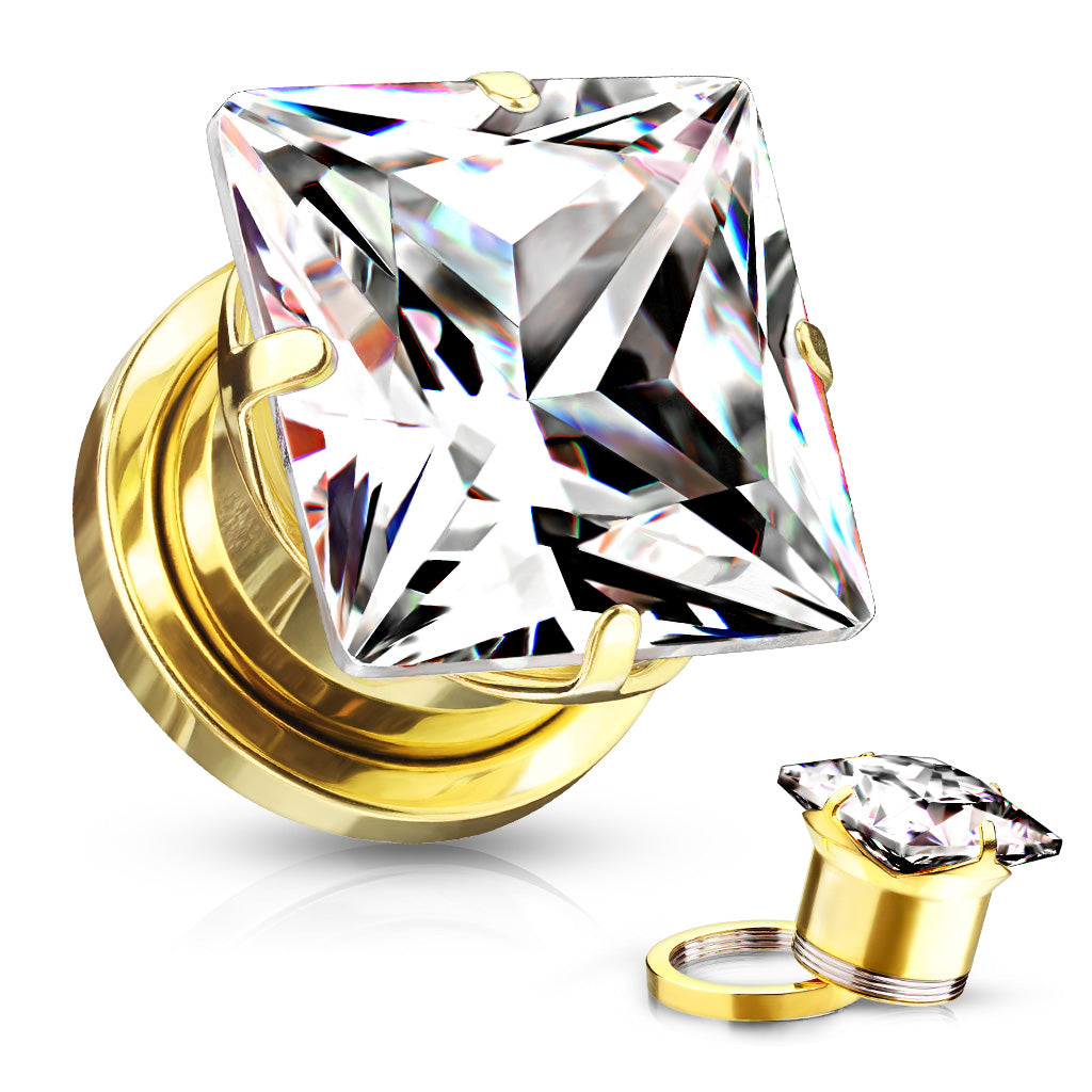 PAIR Large Square CZ Gem Steel Screw Fit Tunnels Ear Plugs Gauges Earlets