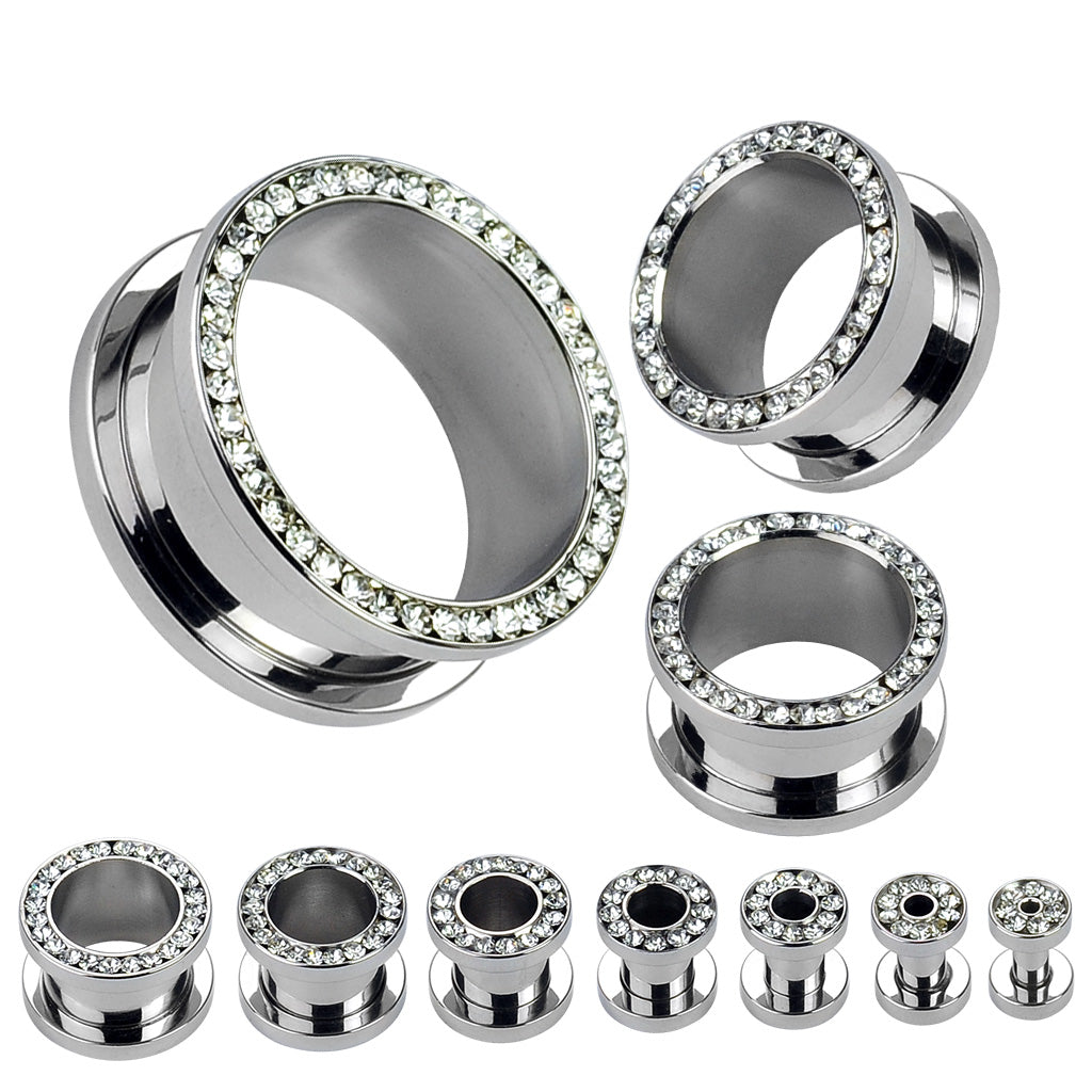 PAIR Clear CZ Gem Rimmed Steel Screw Fit Tunnels