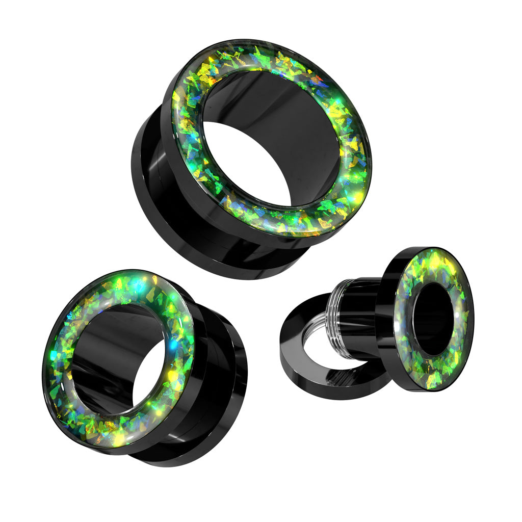 PAIR Green Opal Glitter Rim Screw Fit Tunnels Ear Plugs Earlet Rimmed Gauges