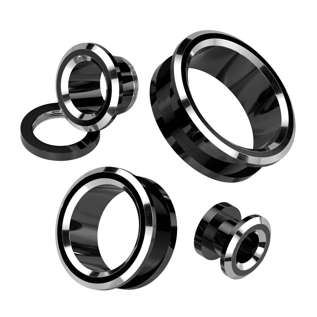 PAIR Black and Silver Rim Screw Fit Tunnels Ear Plugs Earlet Rimmed Gauges