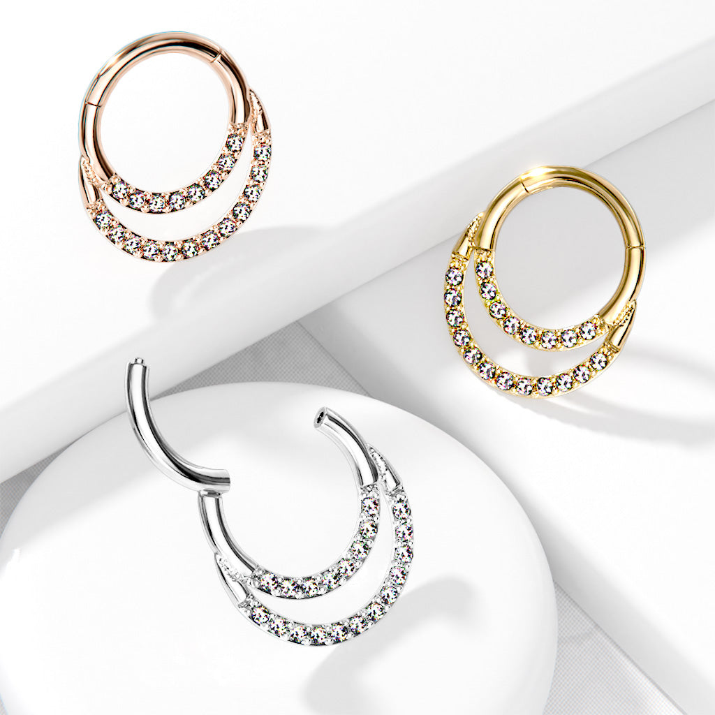 1pc Hinged Segment Ring CNC Set Double Lined CZ Gem Septum Hoop Helix Daith