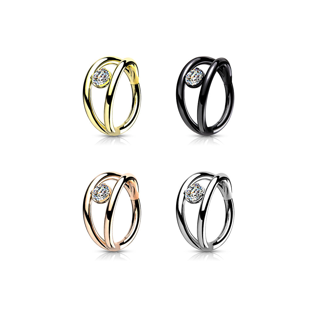 1pc Double Hoop CZ Gem Hinged Segment Ring 16g Septum Clicker Surgical Steel