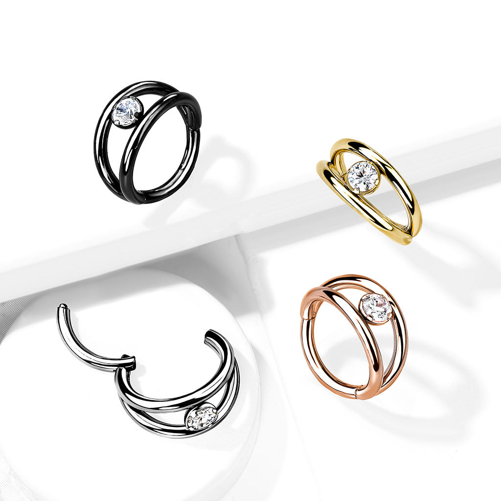 1pc Double Hoop CZ Gem Hinged Segment Ring 16g Septum Clicker Surgical Steel